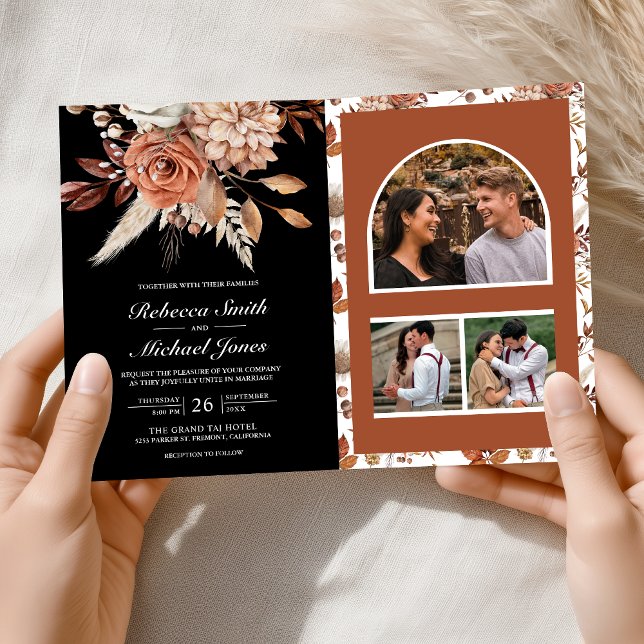 Invitación Terracotta Floral Black QR Code Wedding (Subido por el creador)