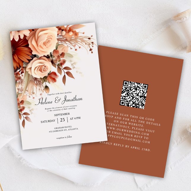 Invitación Terracotta Floral Boda de código QR botánico (Subido por el creador)
