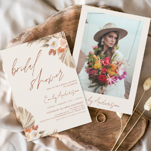 Invitación Terracotta Floral Boho Pampas Ducha de Novias Gras