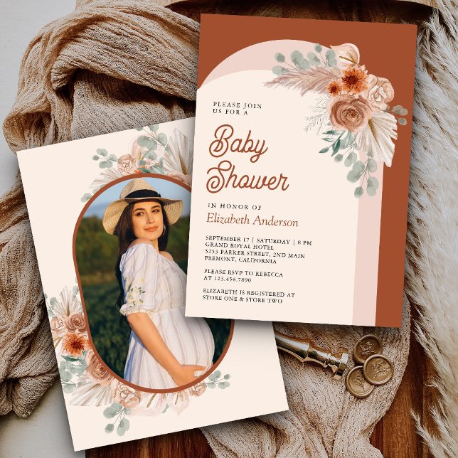 Invitación Terracotta Floral Boho Pampas Foto Baby Shower (Subido por el creador)