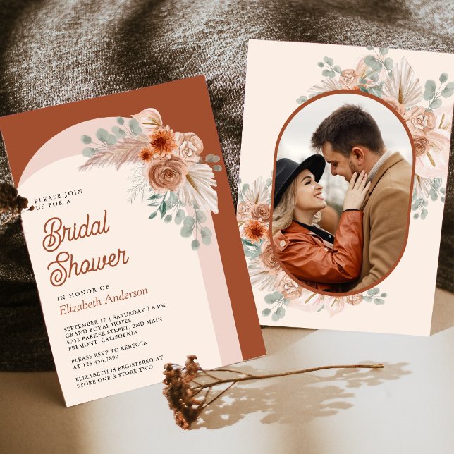 Invitación Terracotta Floral Boho Pampas Foto Ducha de novia (Subido por el creador)