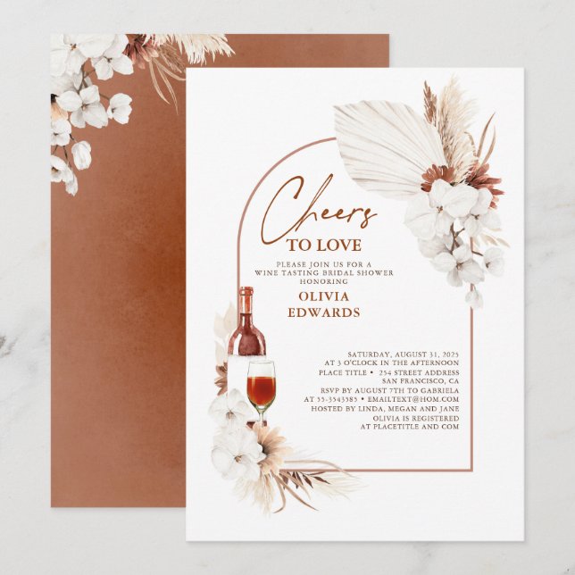 Invitación Terracotta Floral Boho Wine Tasting Bridal Shower (Anverso / Reverso)