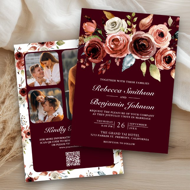 Invitación Terracotta Floral Burgundy QR Code Wedding (Subido por el creador)