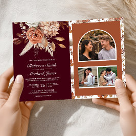 Invitación Terracotta Floral Burgundy QR Code Wedding