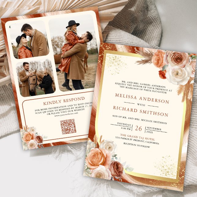 Invitación Terracotta Floral Cream Gold Photo QR Code Boda (Subido por el creador)