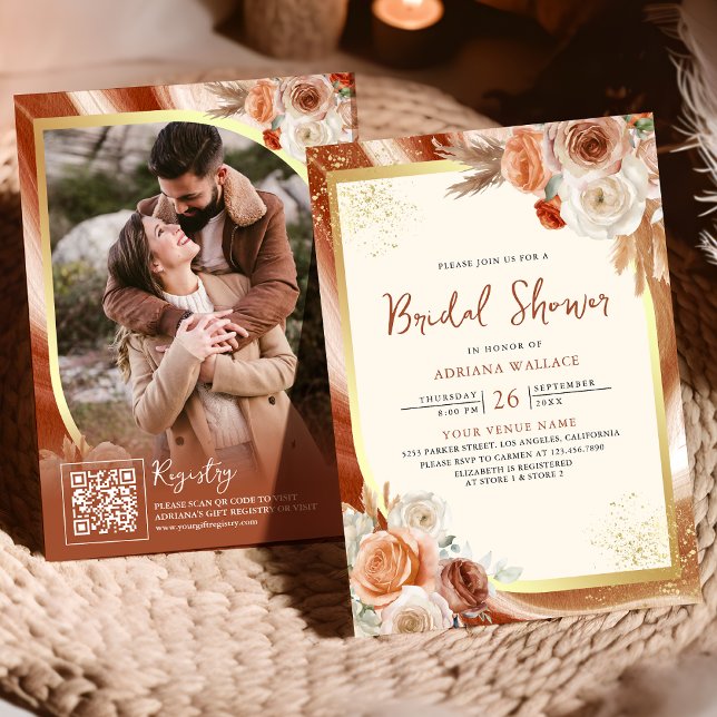 Invitación Terracotta Floral Cream Gold QR Código Ducha de no (Subido por el creador)