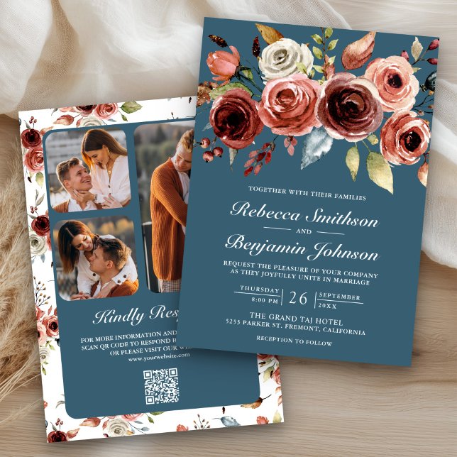 Invitación Terracotta Floral Dusty Blue QR Code Wedding (Subido por el creador)