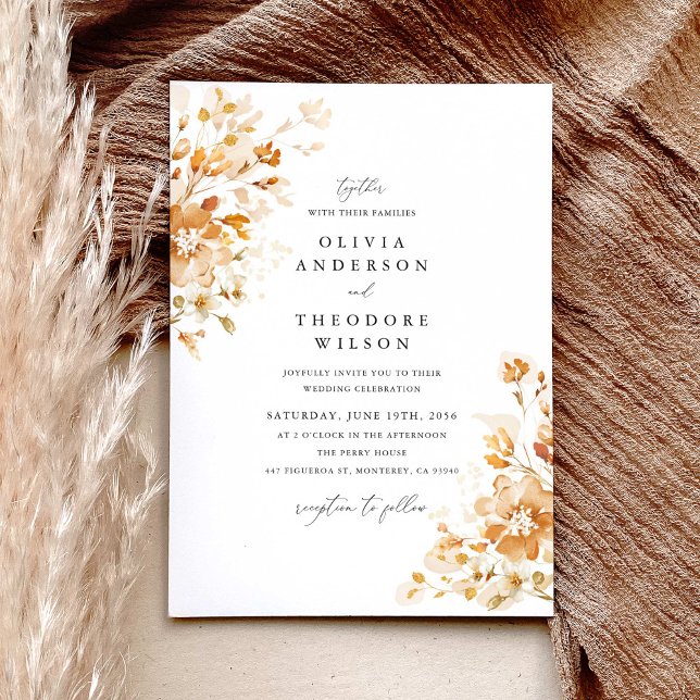 Invitación Terracotta Floral Elegant Watercolor Wedding  (Terracotta floral elegant wedding invitation with soft gold accents and classic serif typography)