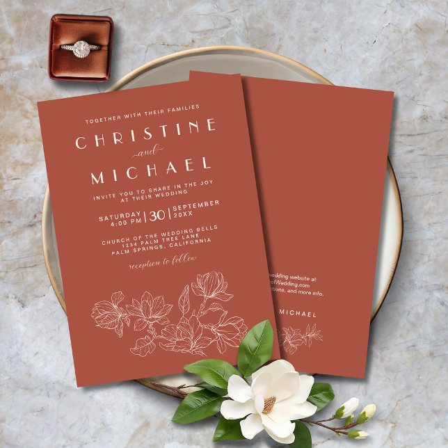 Invitación Terracotta Floral Elegante Boda formal (Terracotta Floral Elegant Formal Wedding Invitation with Magnolias Line Art, Ivory, Script Fonts.)