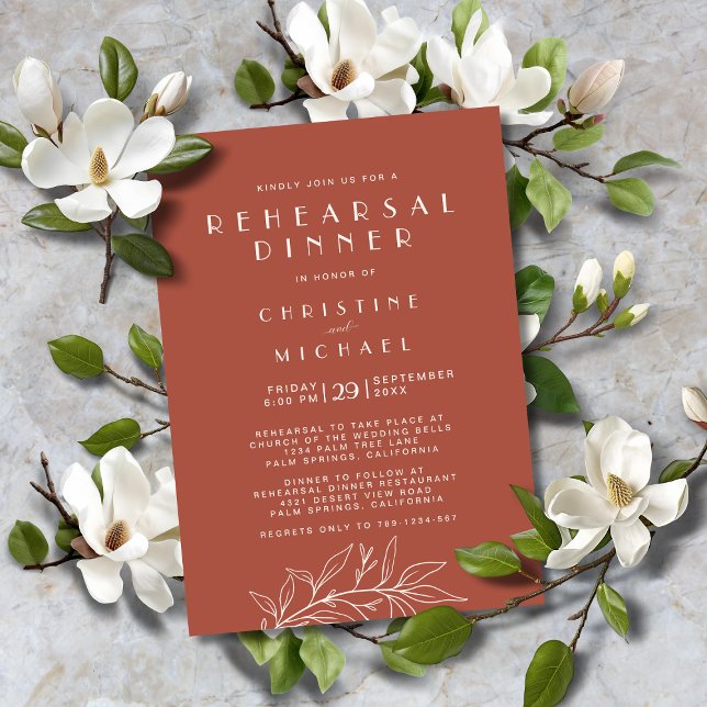 Invitación Terracotta Floral Elegante Boda formal ensayo (Terracotta Floral Elegant Formal Wedding Rehearsal Dinner Invitation with Magnolia Leaves Line Art.)