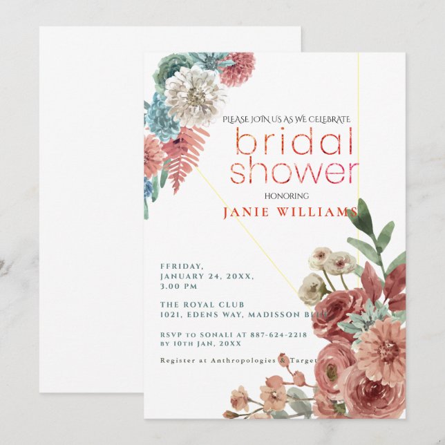 Invitación Terracotta Floral Elegante Ducha Bridal (Anverso / Reverso)