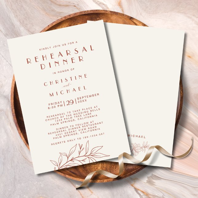 Invitación Terracotta Floral Elegante ensayo Boda moderno (Terracotta Floral Elegant Modern Wedding Rehearsal Dinner Invitation with Magnolia Leaves Line Art.)