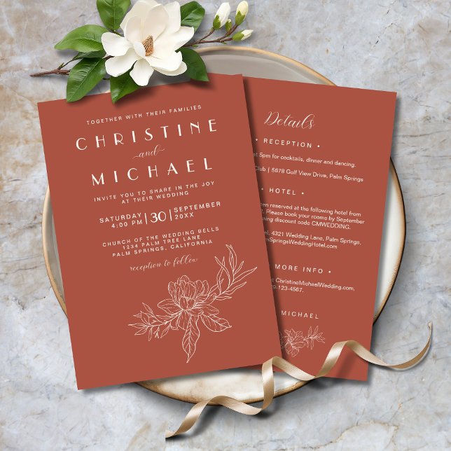 Invitación Terracotta Floral Elegante Todo En Un Boda BOHO (Terracotta Floral Elegant All-In-One BOHO Wedding Invitation with Magnolias, Wedding Details.)