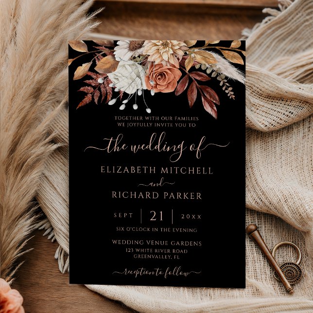 Invitación Terracotta Floral Fall Foliage Moody Black Wedding (Subido por el creador)