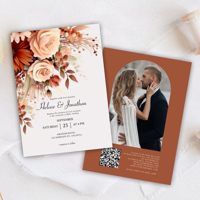 Invitación Terracotta Floral Foto Botánica Boda de código QR (Subido por el creador)