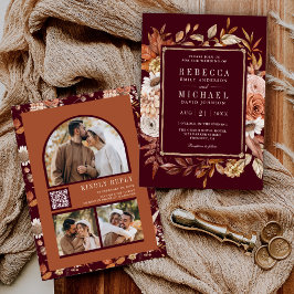 Invitación Terracotta Floral Foto QR Código Boda Borgoña