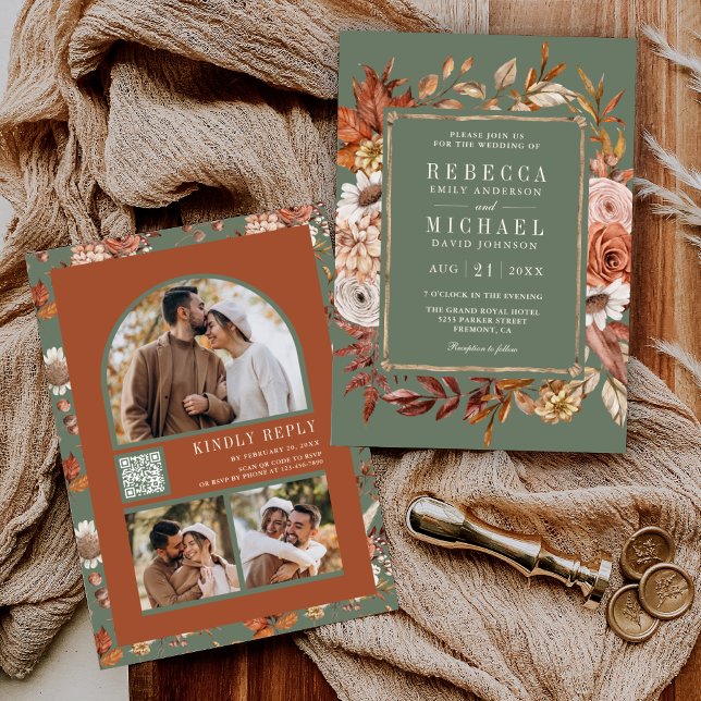 Invitación Terracotta Floral Foto QR Código Sage Boda (Subido por el creador)