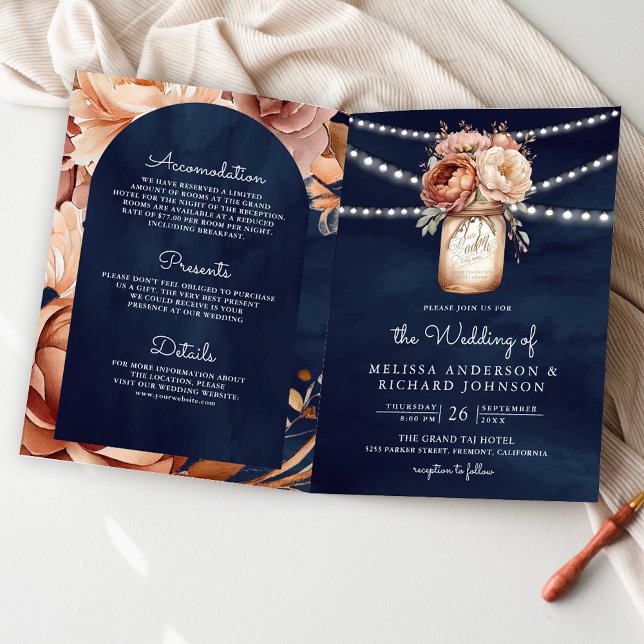 Invitación Terracotta Floral Mason Jar Navy QR Code Wedding (Subido por el creador)