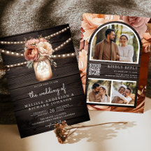 Terracotta Floral Mason Jar Wood QR Code Boda