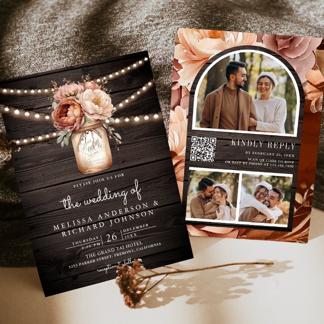 Invitación Terracotta Floral Mason Jar Wood QR Code Boda (Subido por el creador)