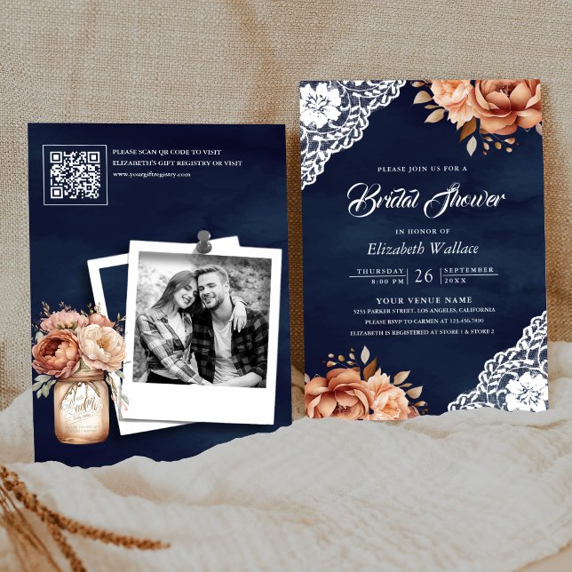 Invitación Terracotta Floral Naval Foto Código QR Ducha nupci (Subido por el creador)