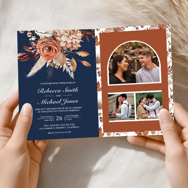Invitación Terracotta Floral Navy Blue QR Code Wedding (Subido por el creador)