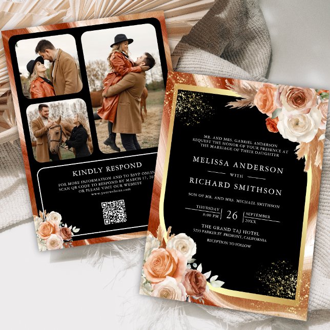Invitación Terracotta Floral Oro Negro Foto Boda de código QR (Subido por el creador)