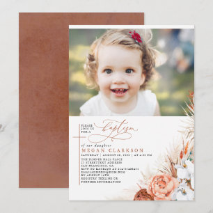 Invitación Terracotta Floral Pampas Bautismo Grasa Foto