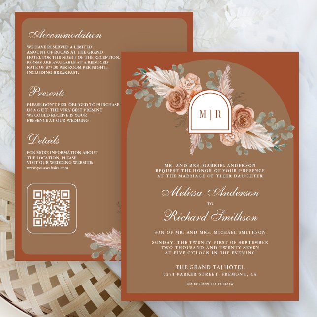 Invitación Terracotta Floral Pampas Beige Tan QR Code Wedding (Subido por el creador)