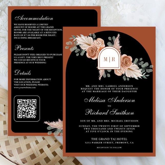 Invitación Terracotta Floral Pampas Black QR Code Wedding (Subido por el creador)
