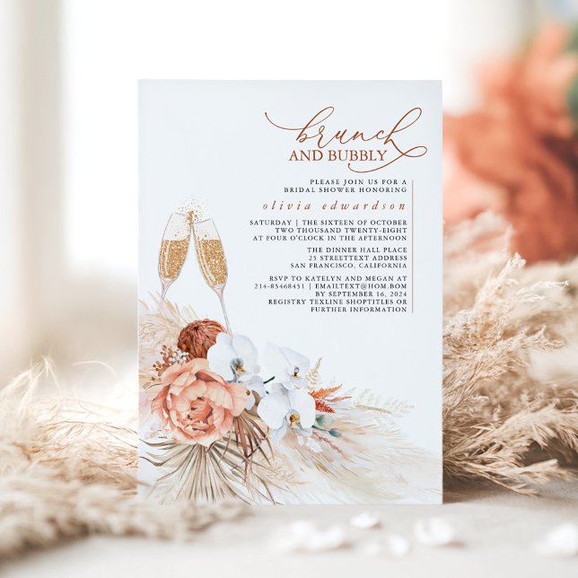 Invitación Terracotta Floral Pampas Brunch de hierba y burbuj (Floral Terracotta Bridal Shower Invitation - Brunch and Bubbly)