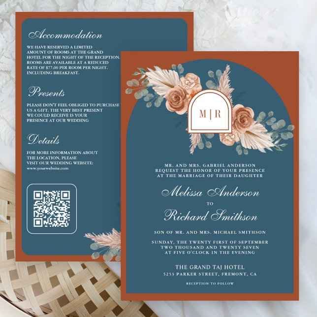 Invitación Terracotta Floral Pampas Dusty Blue Wedding (Subido por el creador)