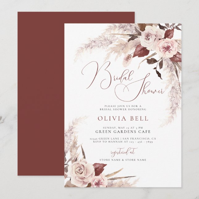 Invitación Terracotta Floral Pampas Earthy Boho Bridal Shower (Anverso / Reverso)