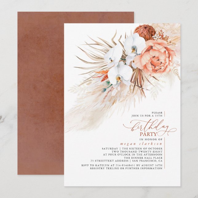 Invitación Terracotta Floral Pampas Fiesta de cumpleaños (Anverso / Reverso)
