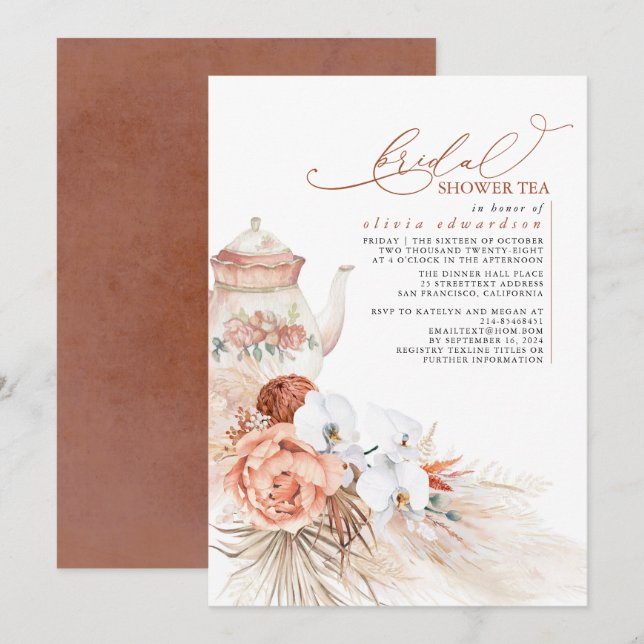 Invitación Terracotta Floral Pampas Grasa Brigada Ducha Té (Anverso / Reverso)