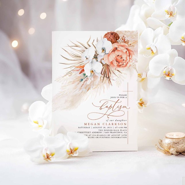 Invitación Terracotta Floral Pampas Grass Bautismo Moderno (Boho Terracotta Baptism Invitations)