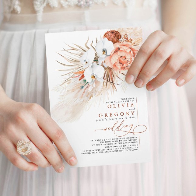 Invitación Terracotta Floral Pampas Grass Boda Tropical (White Orchids Elegant Floral Wedding Invitation)
