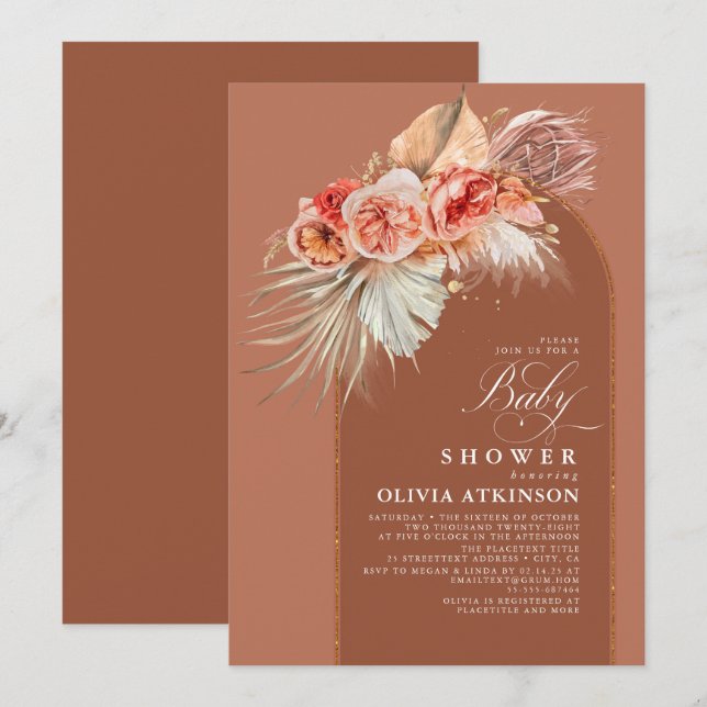 Invitación Terracotta Floral Pampas Grass Boho Baby Shower (Anverso / Reverso)