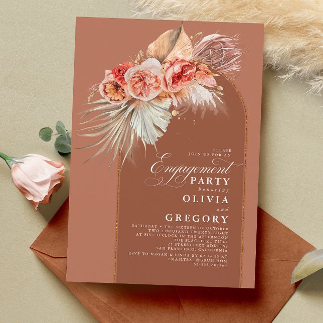 Invitación Terracotta Floral Pampas Grass Engagement Party (Subido por el creador)