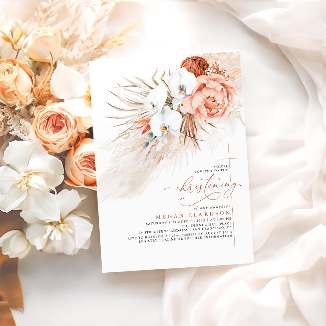 Invitación Terracotta Floral Pampas Grass Moderno Christening (Terracotta Boho Floral Christening Invitations)