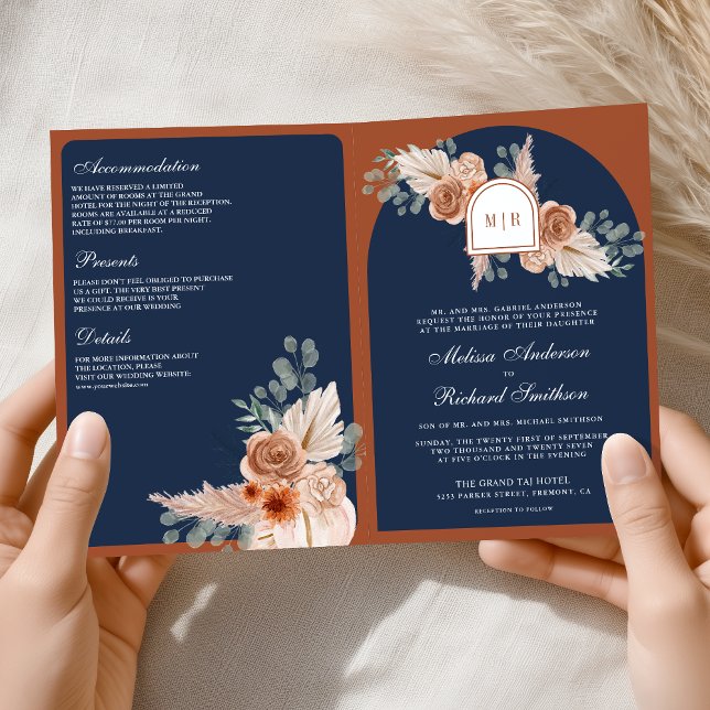 Invitación Terracotta Floral Pampas Navy Blue QR Code Wedding (Subido por el creador)
