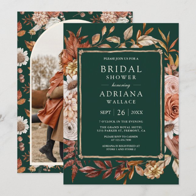 Invitación Terracotta Floral Photo Emerald Bridal Shower  (Anverso / Reverso)
