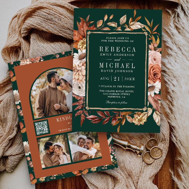 Invitación Terracotta Floral Photo QR Code Emerald Wedding (Subido por el creador)