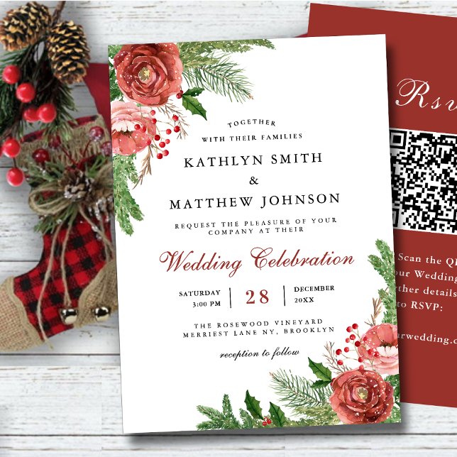 Invitación Terracotta Floral Pino Foliage Boda de Invierno QR (Subido por el creador)