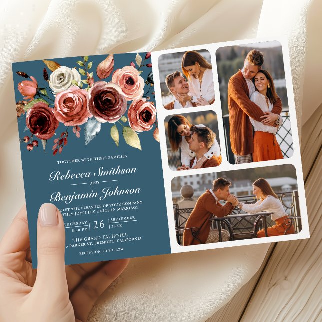 Invitación Terracotta Floral QR Code Dusty Blue Wedding (Subido por el creador)