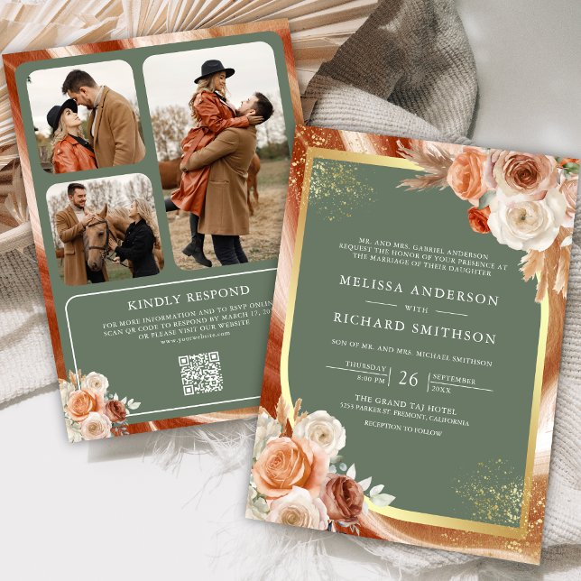Invitación Terracotta Floral Sage Green Photo QR Code Boda (Subido por el creador)