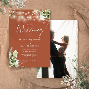 Invitación Terracotta Floral String Lights Photo Boda