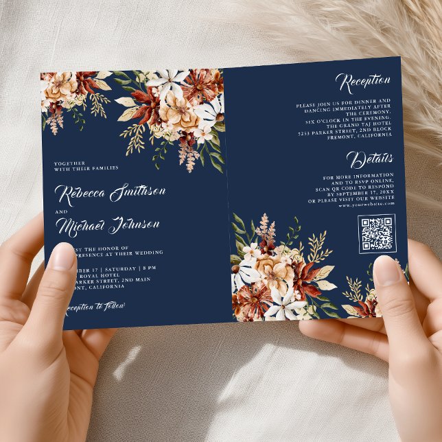 Invitación Terracotta Floral Wildflower Navy Blue Wedding (Subido por el creador)
