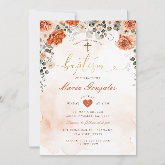 Invitación Terracotta Florals Chica Christening Gold Baptism (Anverso)