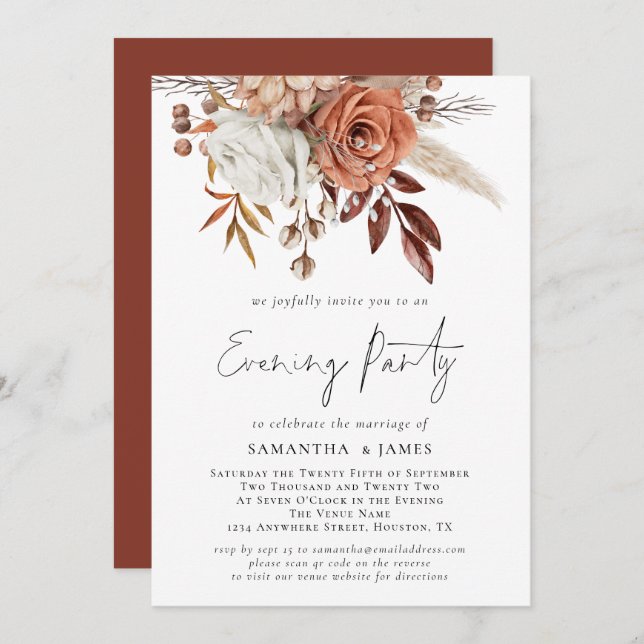 Invitación Terracotta Florals Código QR Boda Fiesta de noche (Anverso / Reverso)